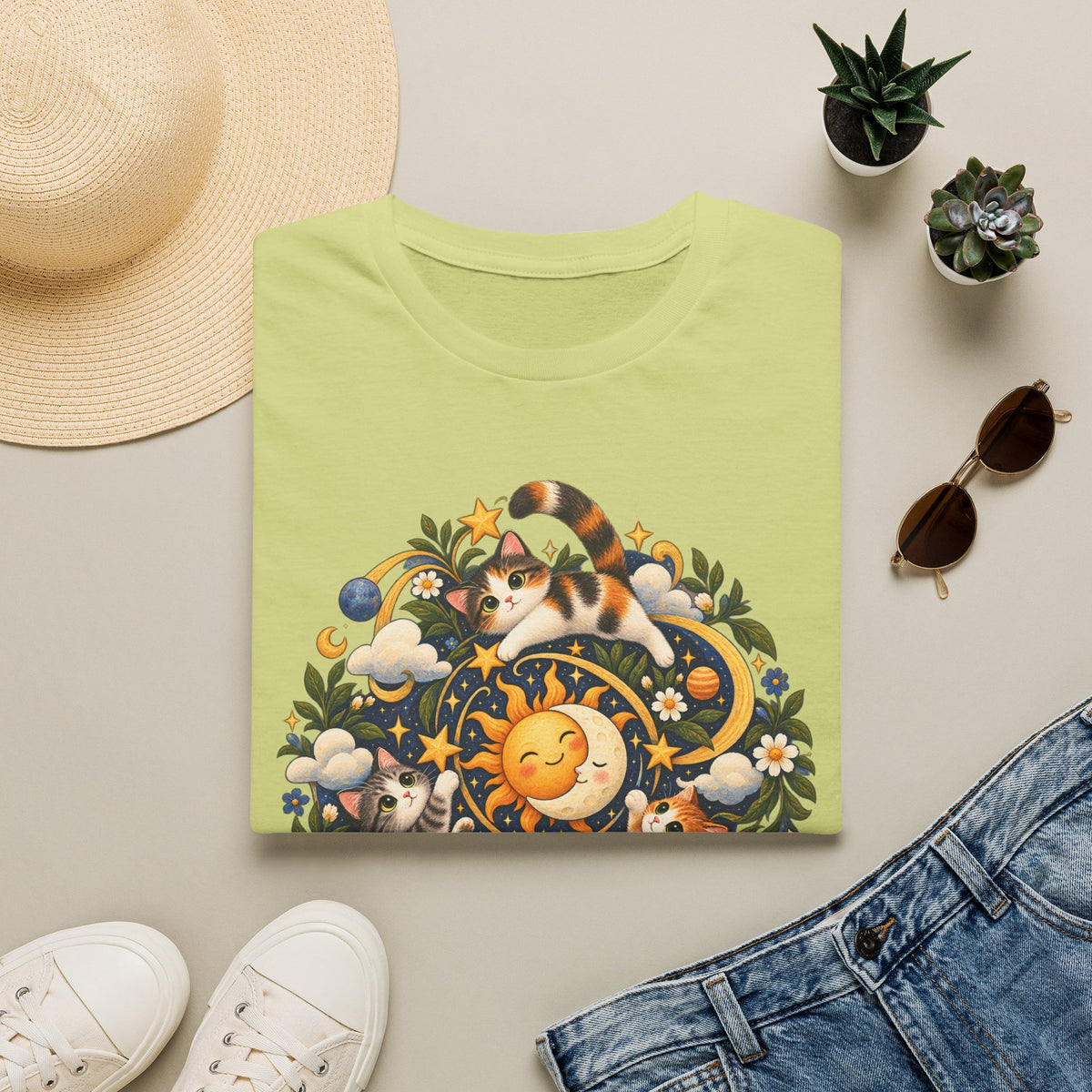 Celestial Cat Graphic Tee — Sun, Moon & Floral Vintage-Inspired T-Shirt