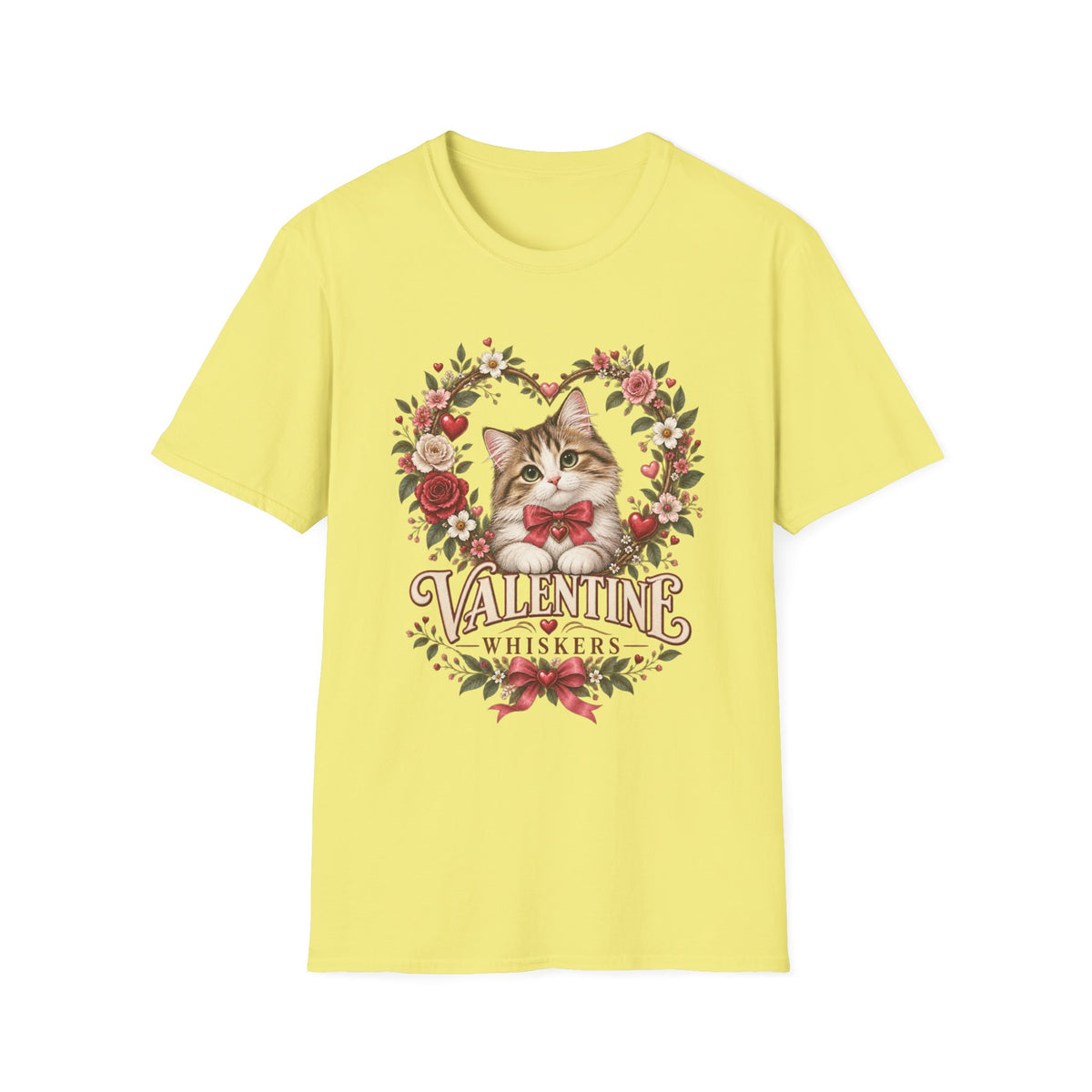 Valentine Cat T-Shirt – 'Valentine Whiskers' Floral Heart Kitten Tee