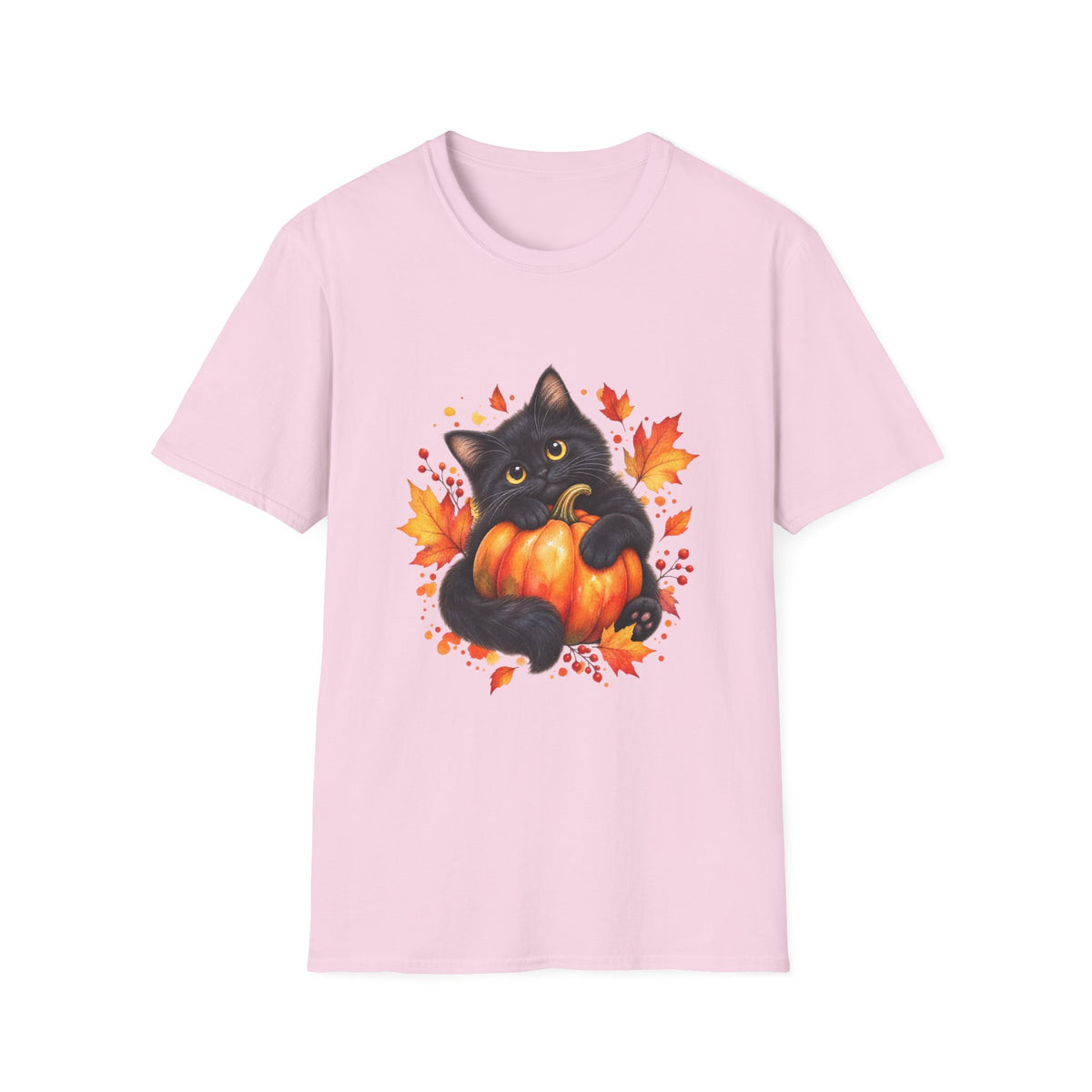 Black Cat Pumpkin T-Shirt — Cute Fall Halloween Tee with Autumn Leaves