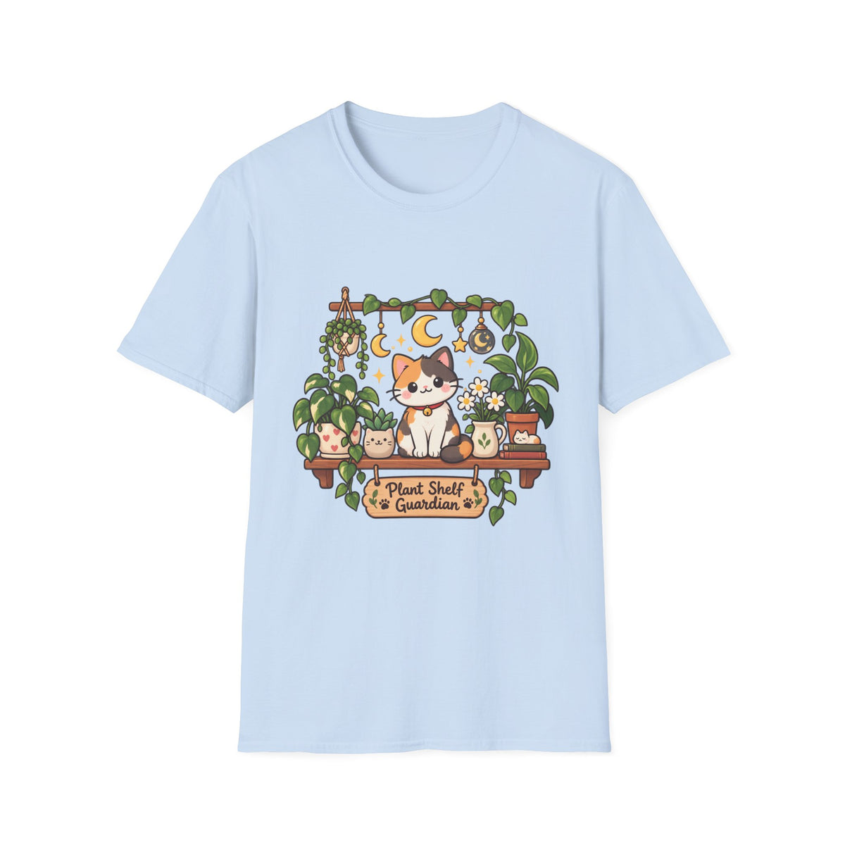 Plant Mom Cat T-Shirt — Calico Cat Among Houseplants with 'Plant Stuff + Gratitude' Design