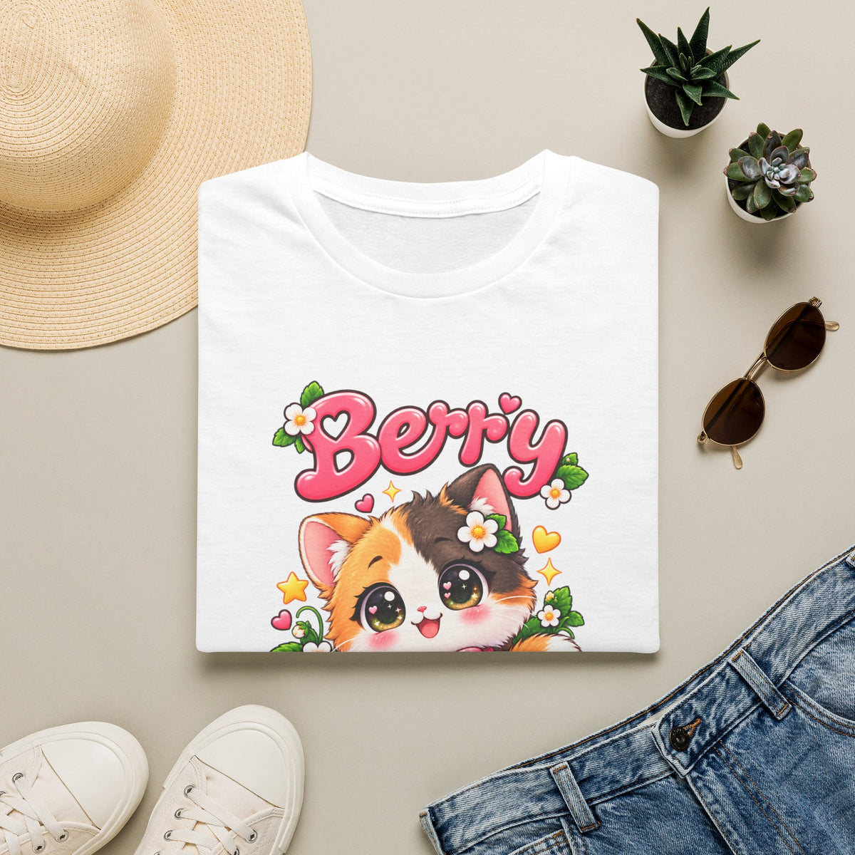 Cute Calico Cat 'Berry Cute' T-Shirt — Kawaii Fruit & Floral Graphic Tee