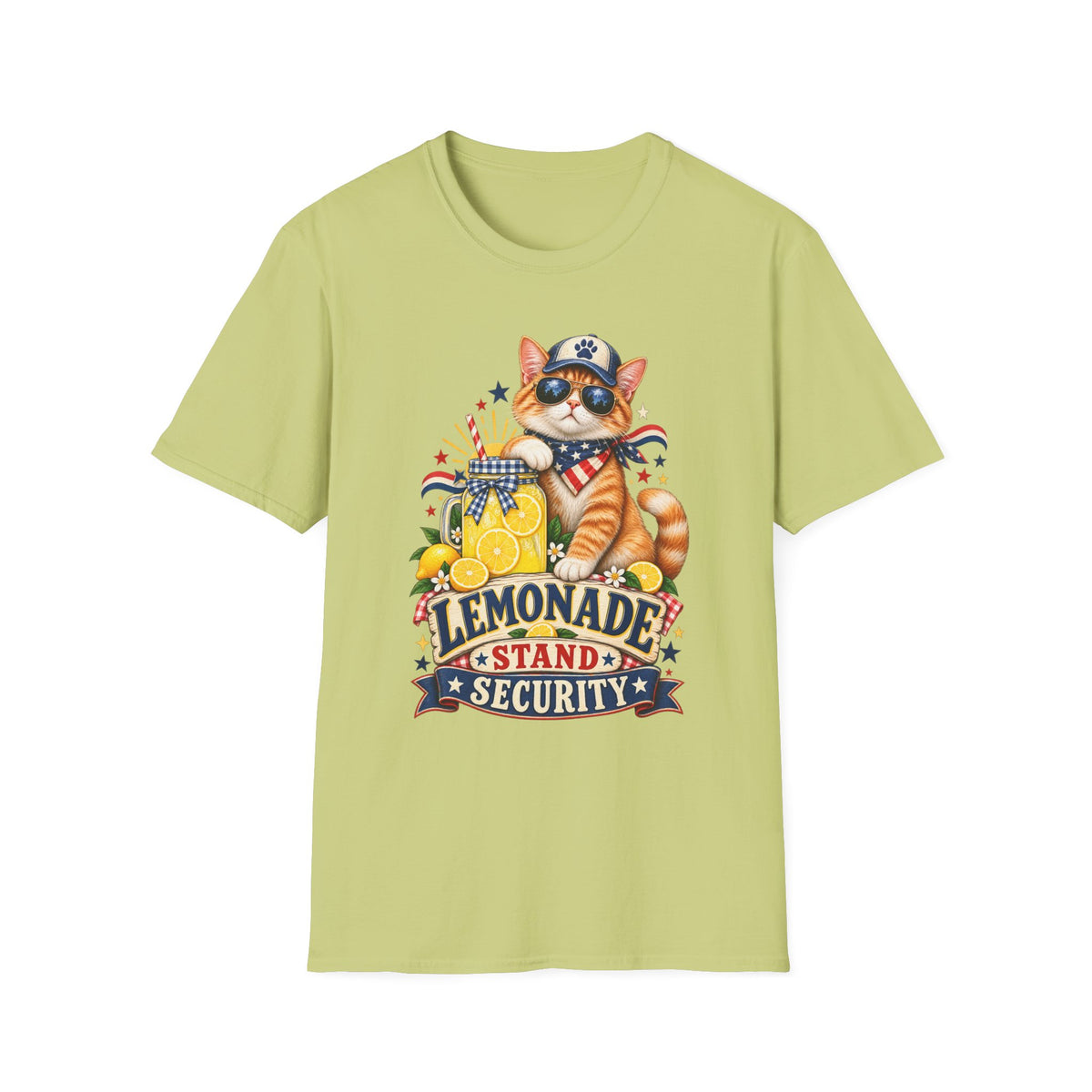 Patriotic Cat Lemonade Stand T-Shirt — "Lemonade Stand Security" Cute 4th of July Tee