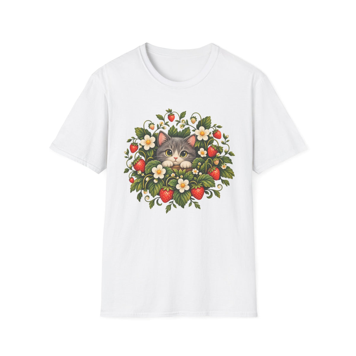 Cat in Strawberry Patch T-Shirt — Cute Floral Kitten Graphic Tee