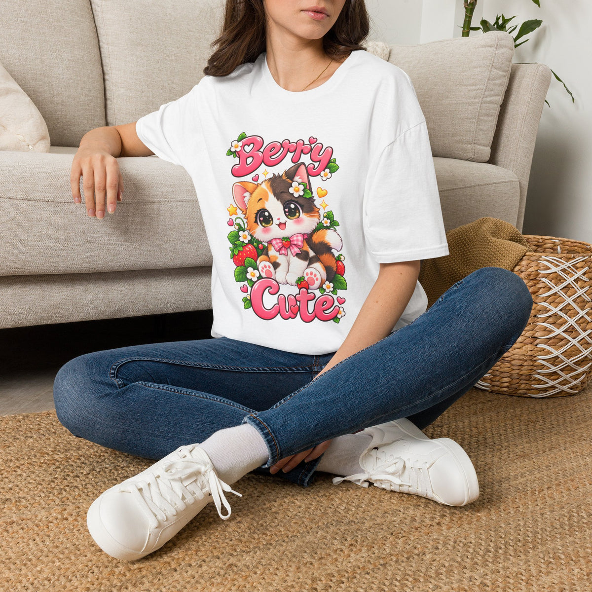 Cute Calico Cat 'Berry Cute' T-Shirt — Kawaii Fruit & Floral Graphic Tee
