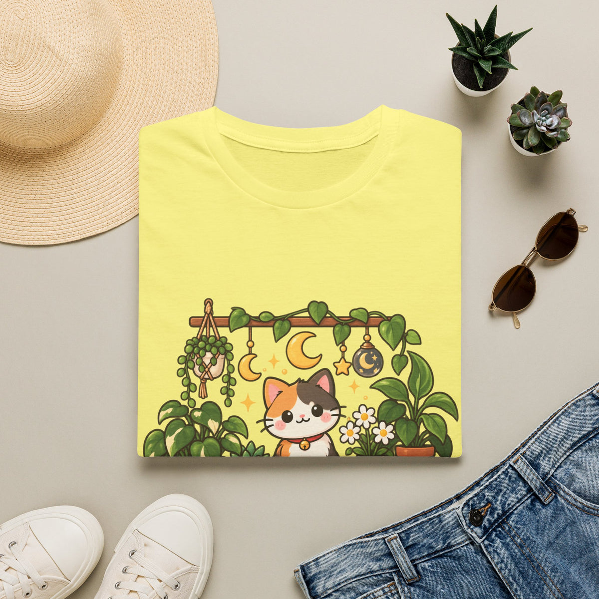 Plant Mom Cat T-Shirt — Calico Cat Among Houseplants with 'Plant Stuff + Gratitude' Design