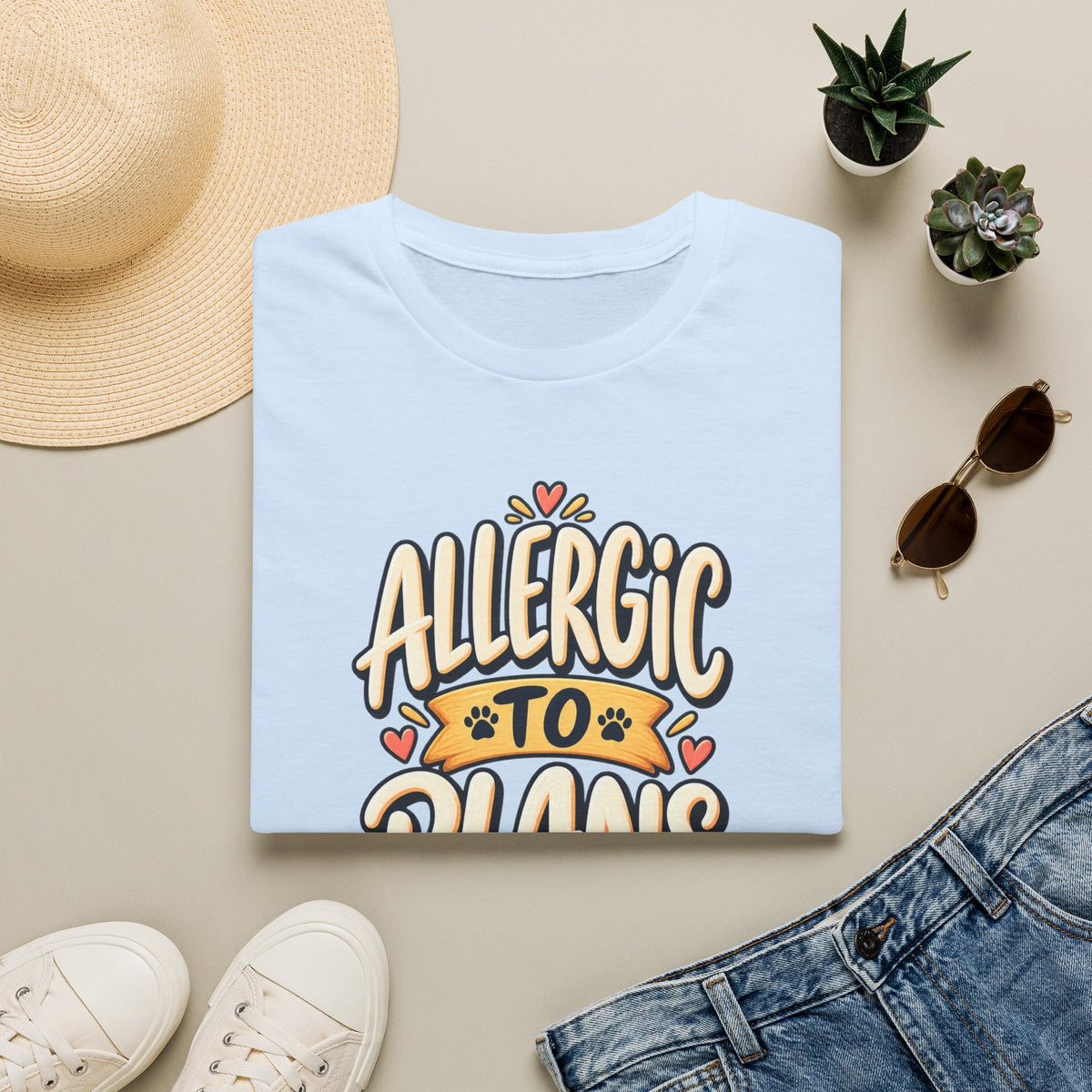 T-Shirt — "Allergic to Plans" Cute Cat Graphic Tee
