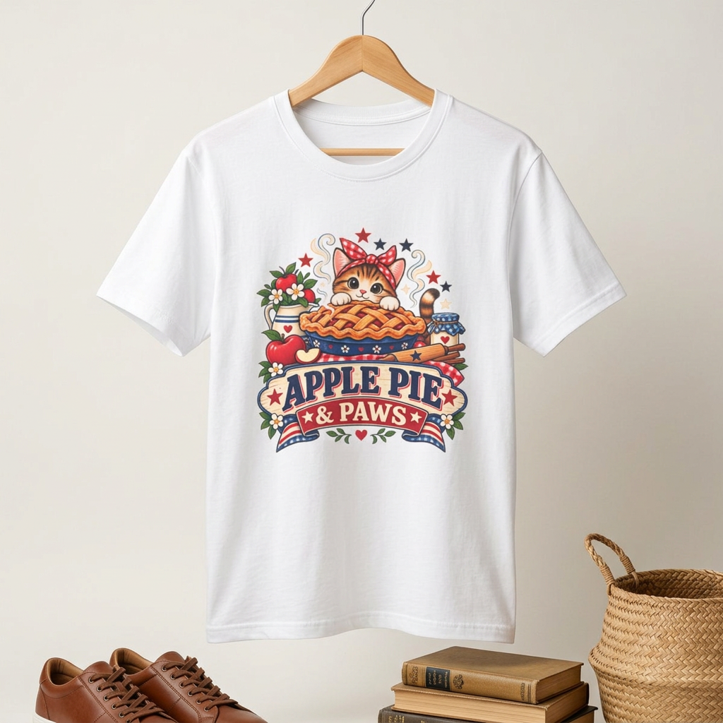 Apple Pie & Paws T-Shirt — Cute Cat Baking Graphic Tee