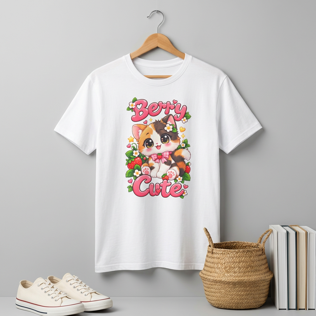 Cute Calico Cat 'Berry Cute' T-Shirt — Kawaii Fruit & Floral Graphic Tee