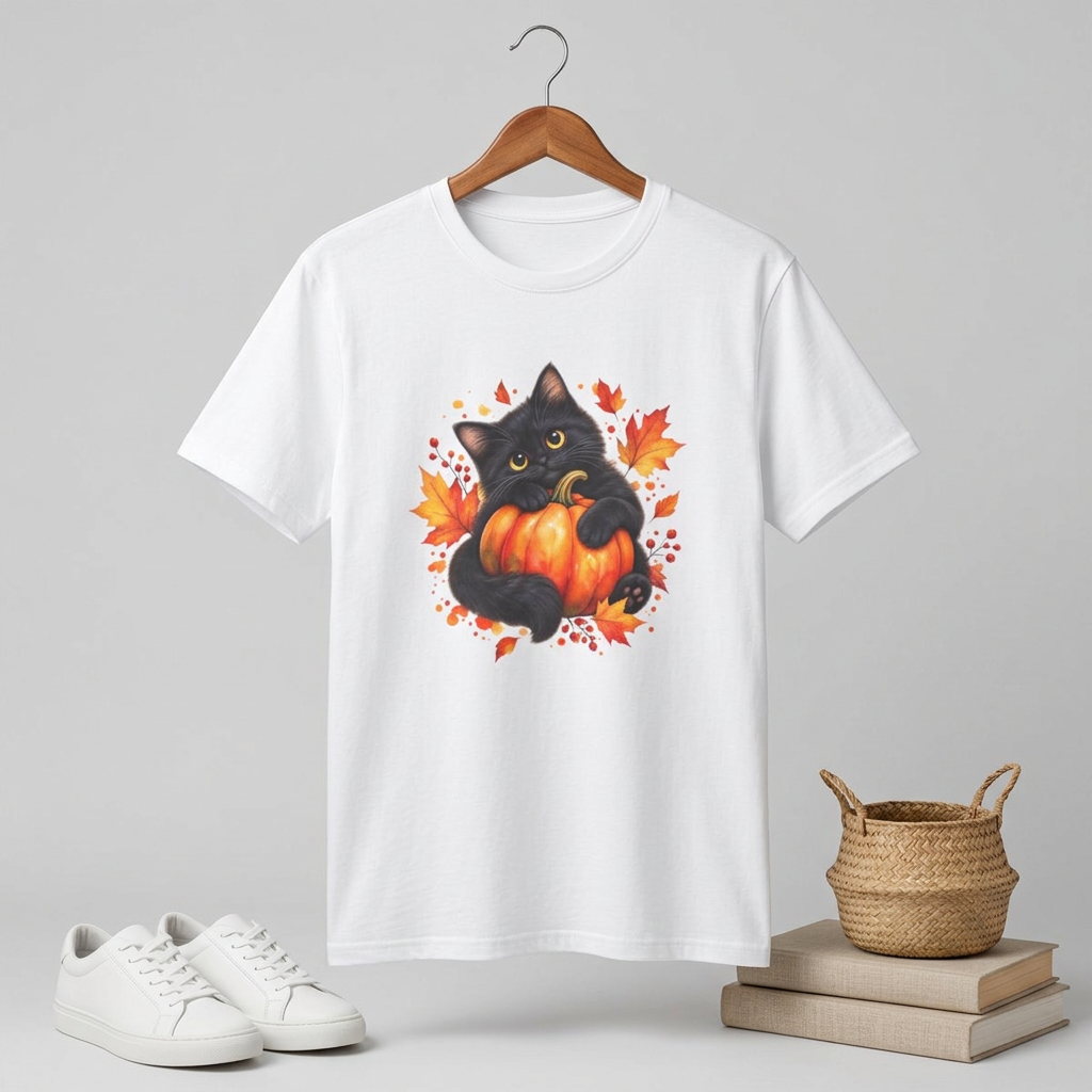 Black Cat Pumpkin T-Shirt — Cute Fall Halloween Tee with Autumn Leaves
