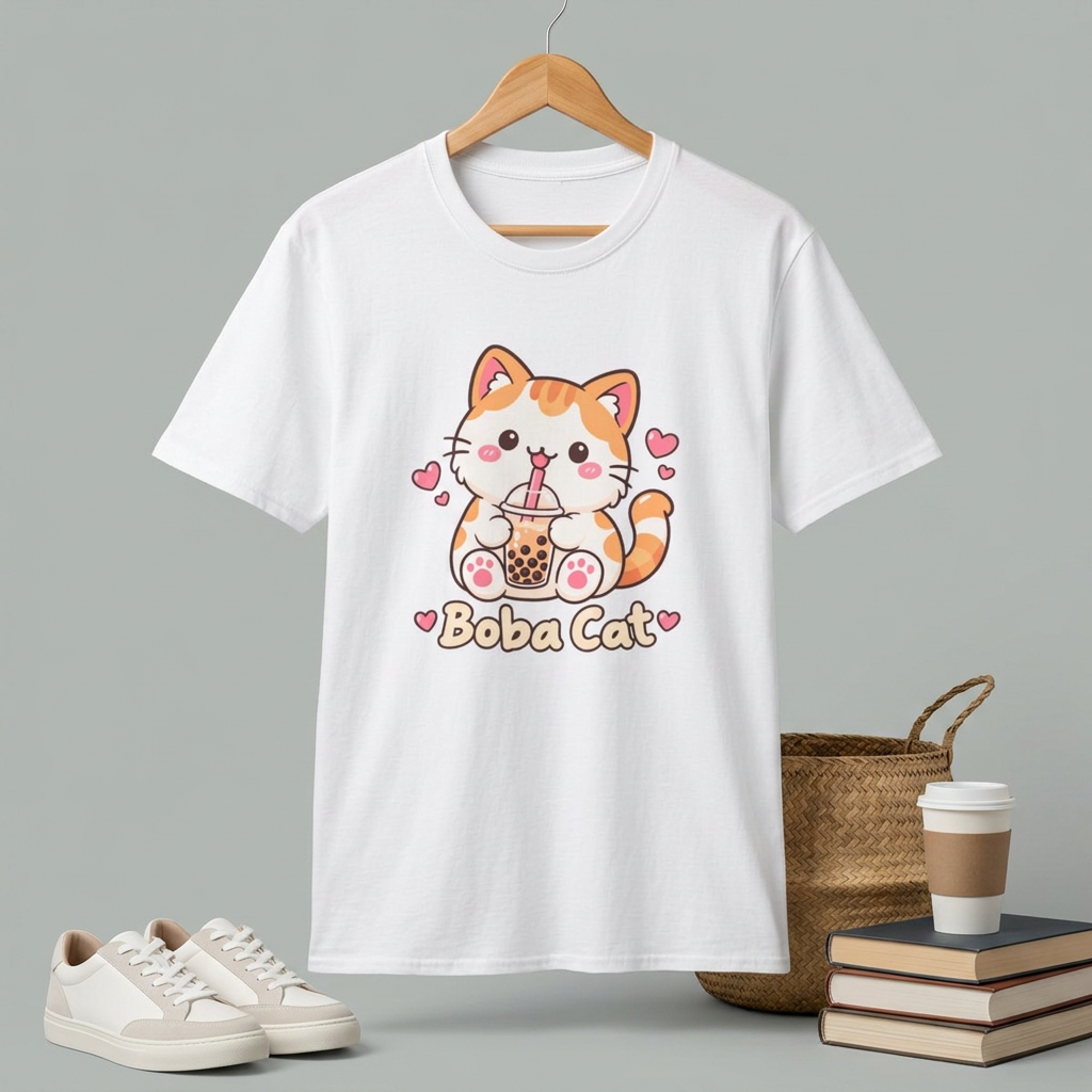 Boba Cat Cute Kawaii Bubble Tea Graphic Tee