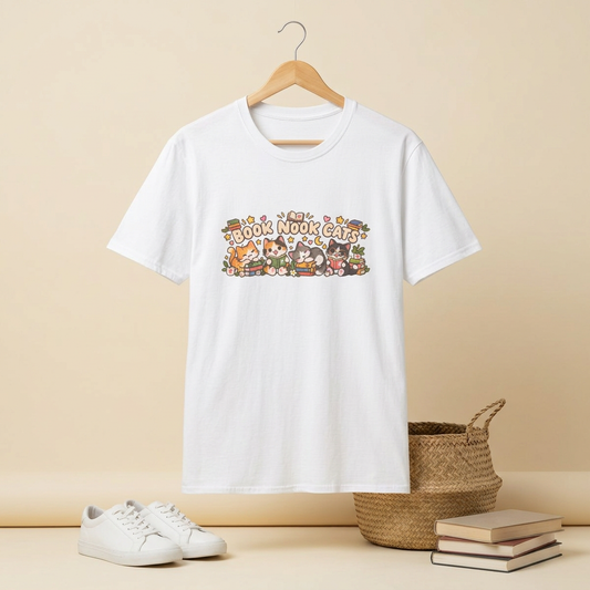Book Nook Cats T-Shirt — Cute Reading Cat Graphic Tee for Book Lovers