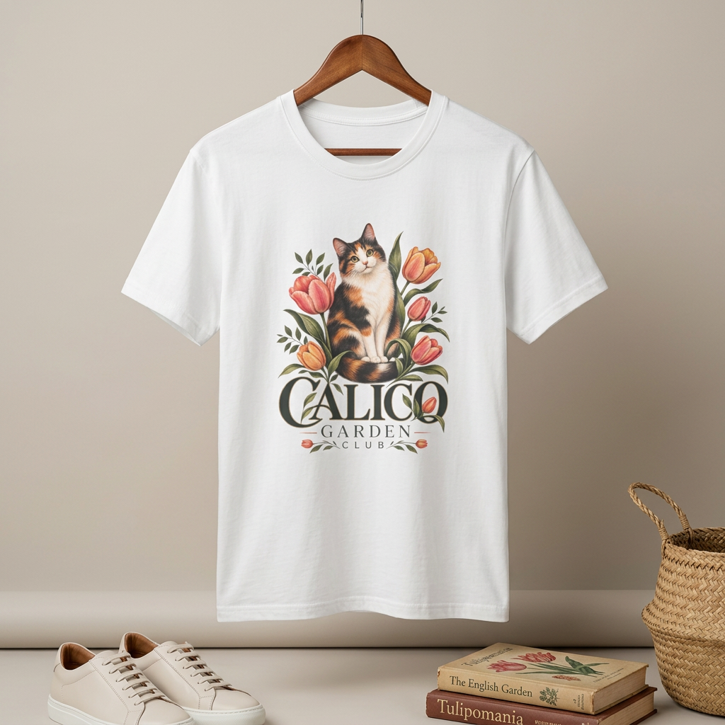 Calico Garden Cat T-Shirt — Floral Cat Lover Tee