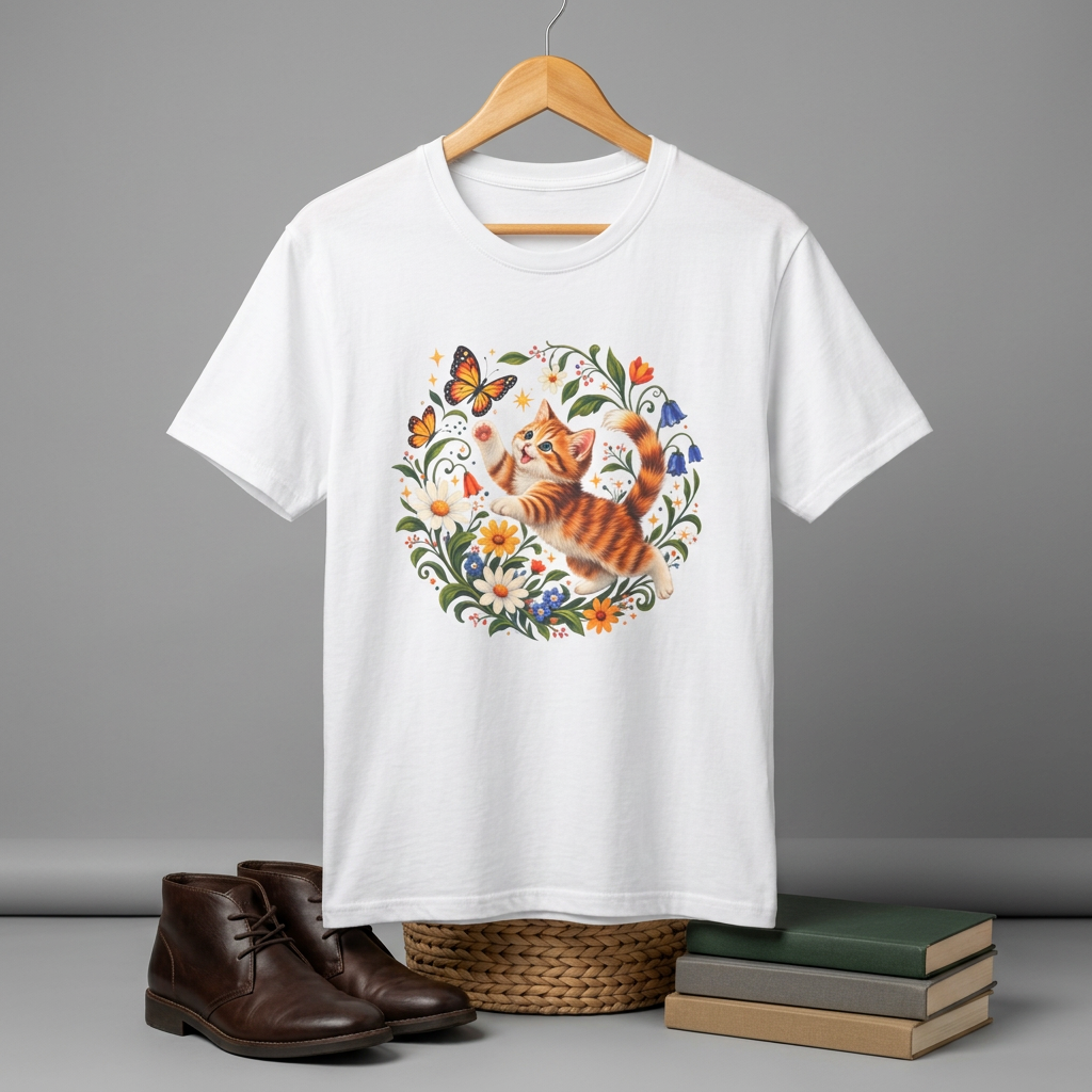 Cat and Butterflies T-Shirt — Whimsical Floral Kitten Tee