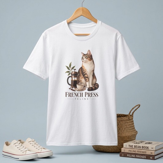 Cat & French Press T-Shirt — Cozy Coffee Lover Cat Tee