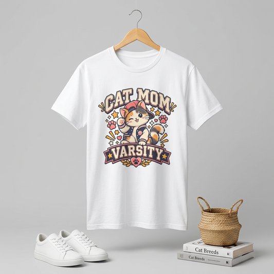Cat Mom T-Shirt — Cute Varsity Kitten Graphic Tee for Cat Lovers