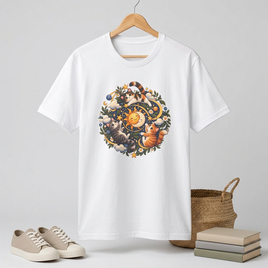 Celestial Cat Graphic Tee — Sun, Moon & Floral Vintage-Inspired T-Shirt