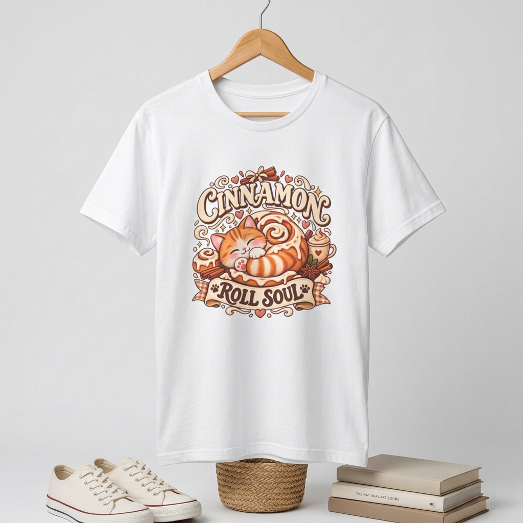T-Shirt — "Cinnamon Roll Soul" Cute Cat & Pastry Graphic Tee