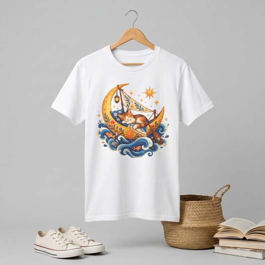 Cat on Crescent Moon T-Shirt — Whimsical Sleepy Cat Boho Tee