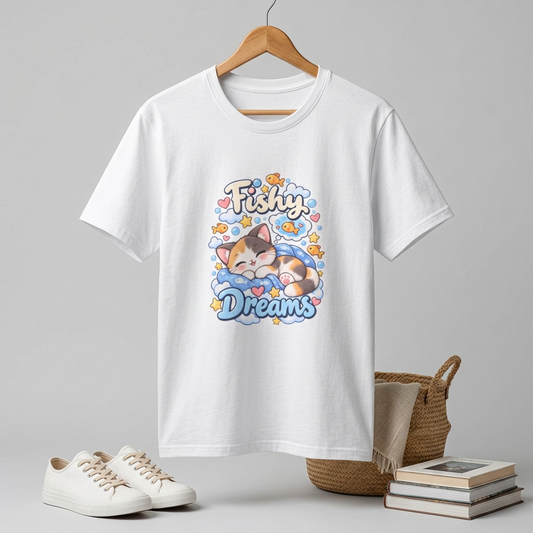 Fishy Dreams T-Shirt — Cute Cat & Goldfish Graphic Tee