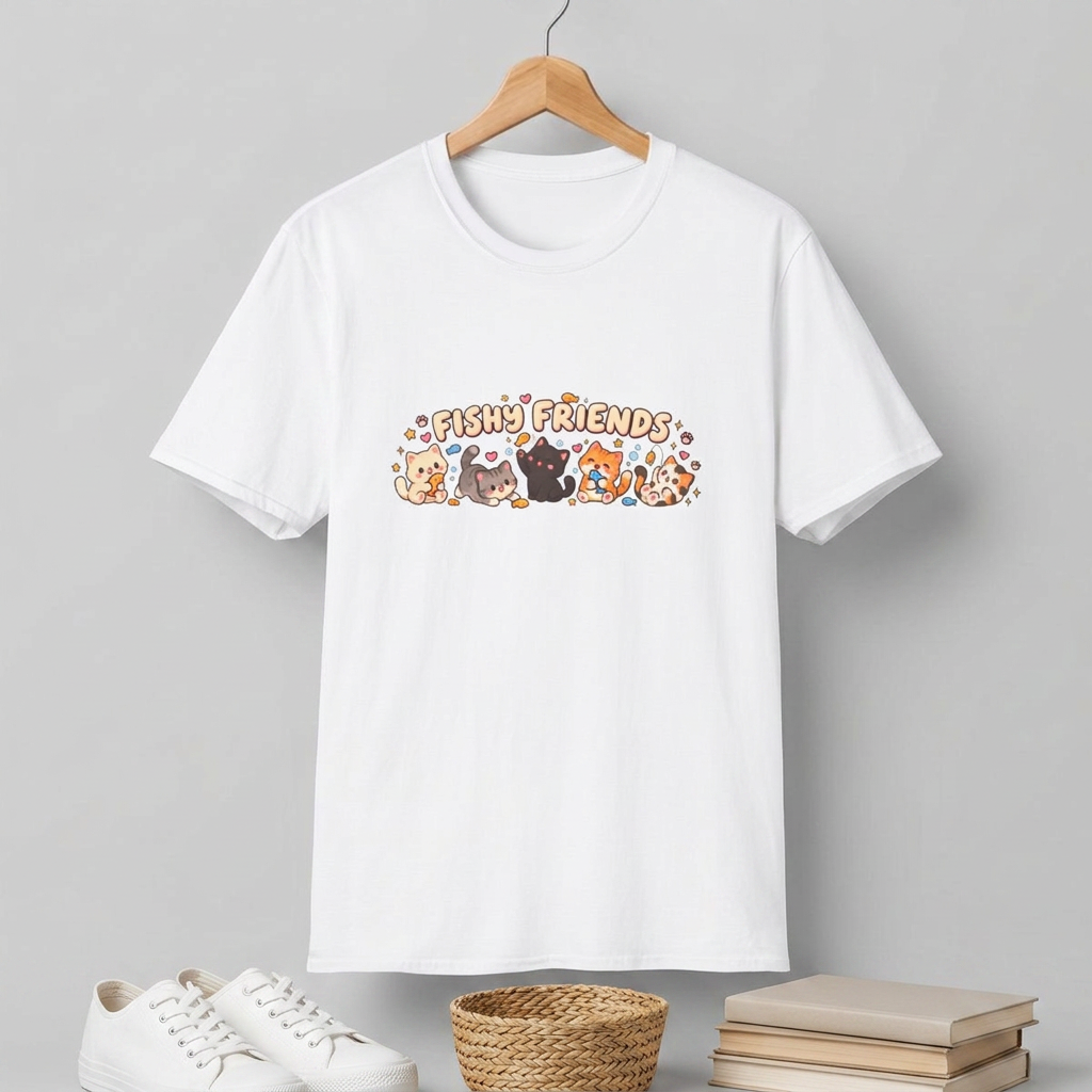 T-Shirt — Cute "Fishy Friends" Cat Graphic Tee | Kawaii Cat Lover Gift