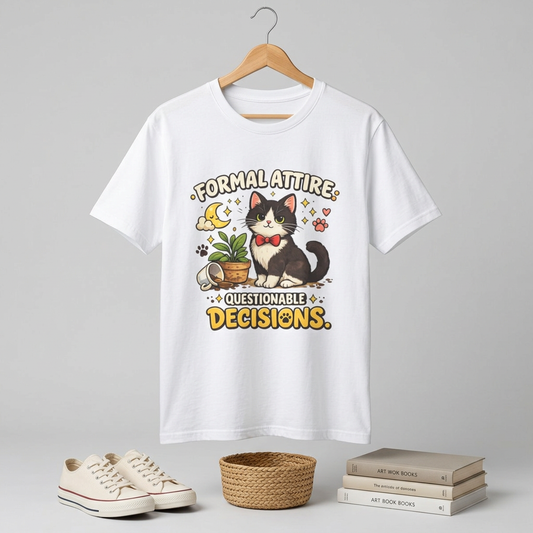 Cat T-Shirt — “Formal Attire, Questionable Decisions” Cute Cartoon Kitten Tee