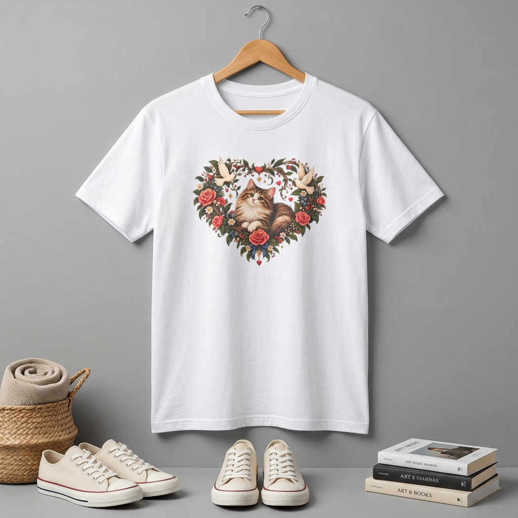 Cat Heart Floral T-Shirt — Vintage Rose & Dove Kitty Tee
