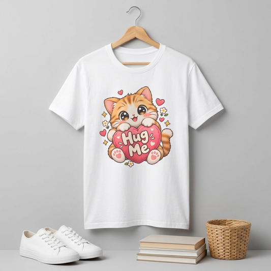 Cute Kitten "Hug Me" T-Shirt — Adorable Heart Cat Graphic Tee
