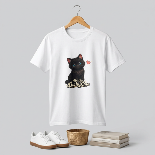 Black Kitten "I'm the Lucky One" T-Shirt — Cute Cat Graphic Tee for Cat Lovers