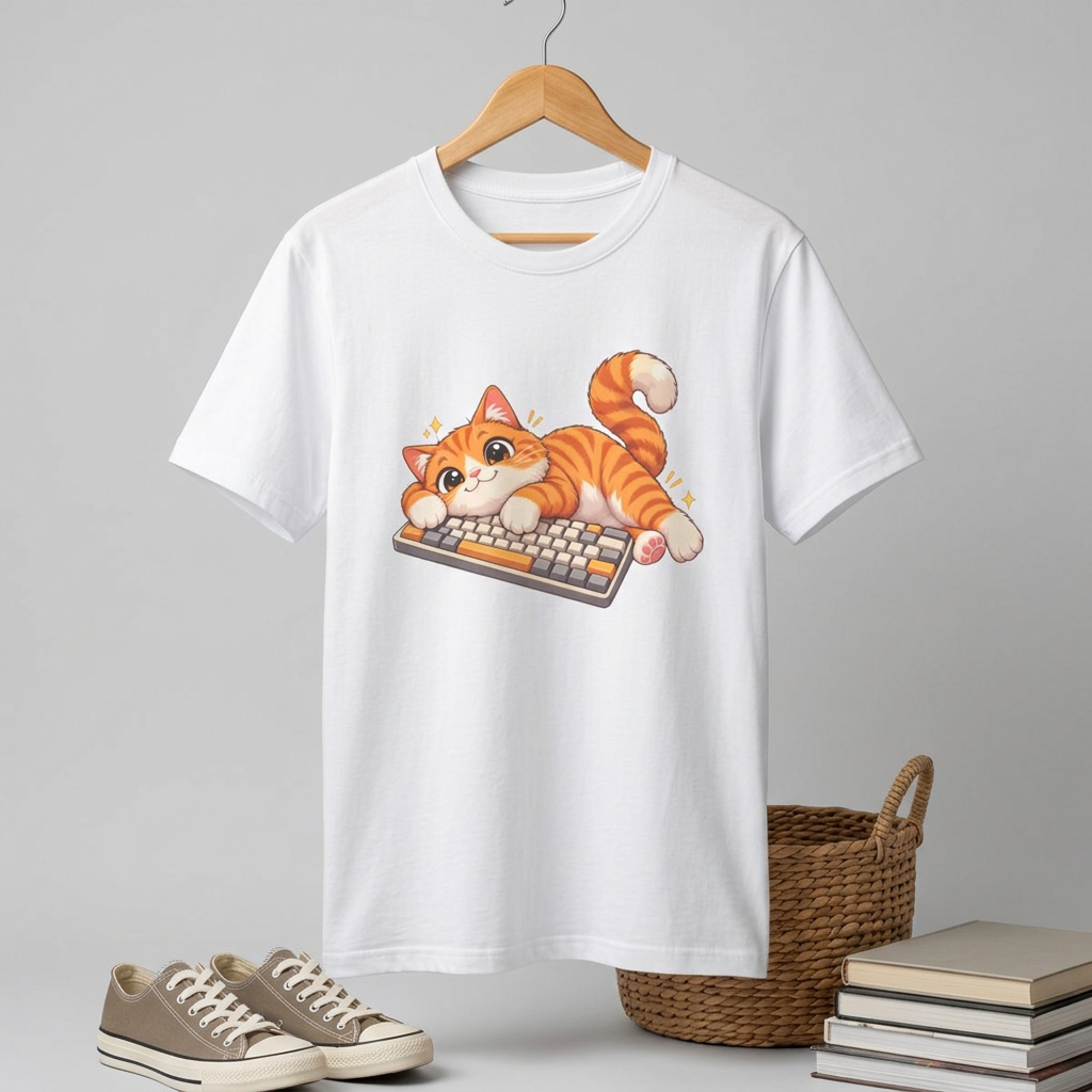 Cute Orange Kitty Playing on Keyboard T-Shirt