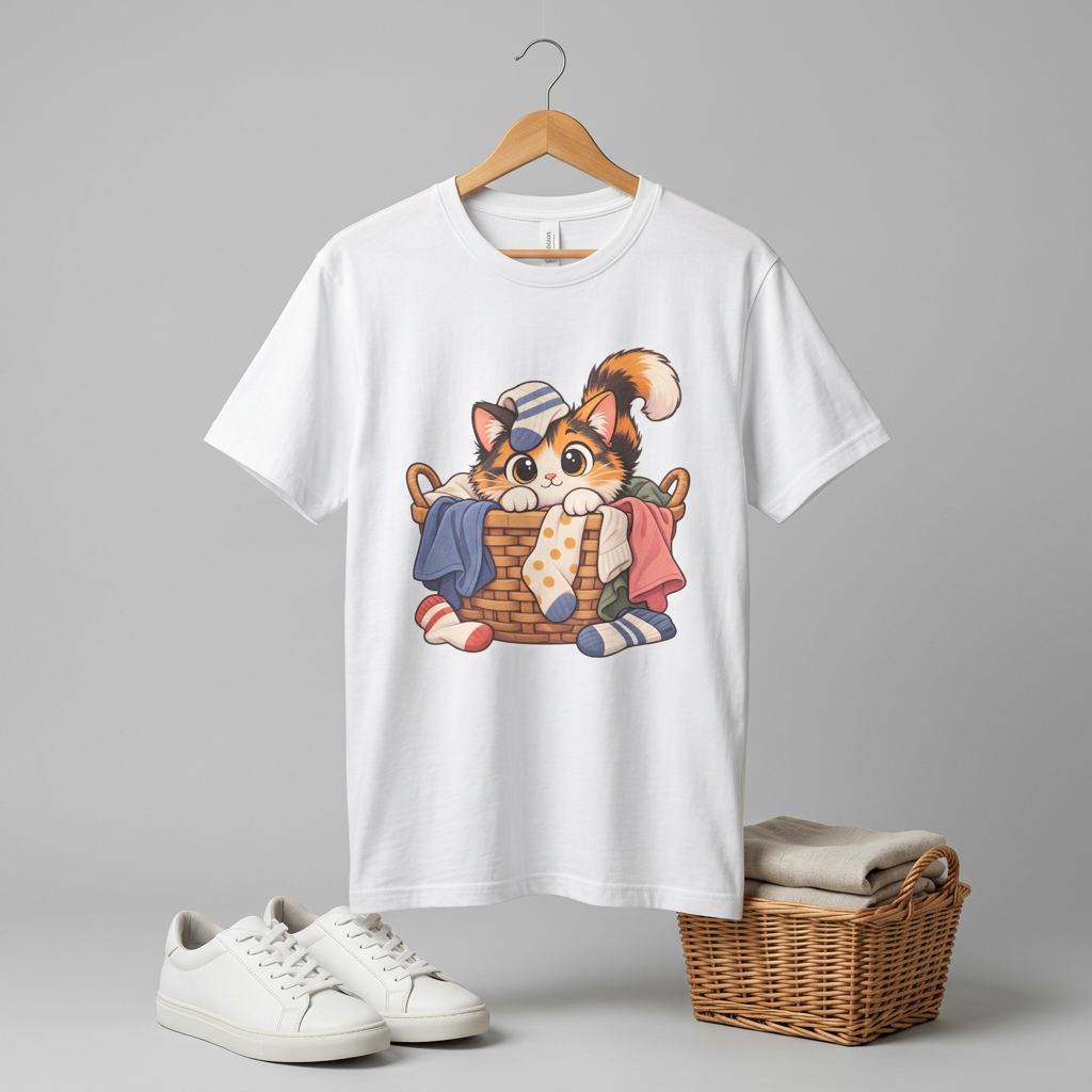 Cute Calico Cat in Laundry Basket T-Shirt