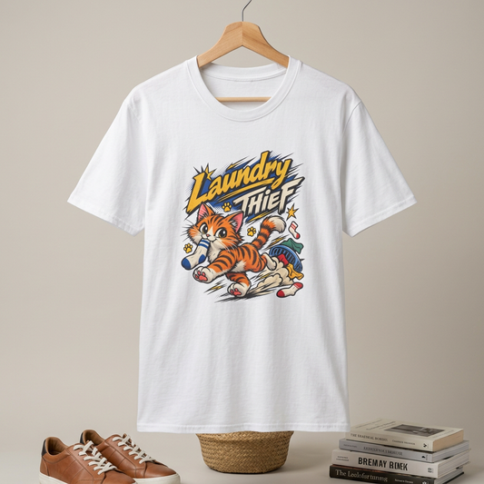 T-Shirt — 'Laundry Thief' Funny Cat Graphic Tee