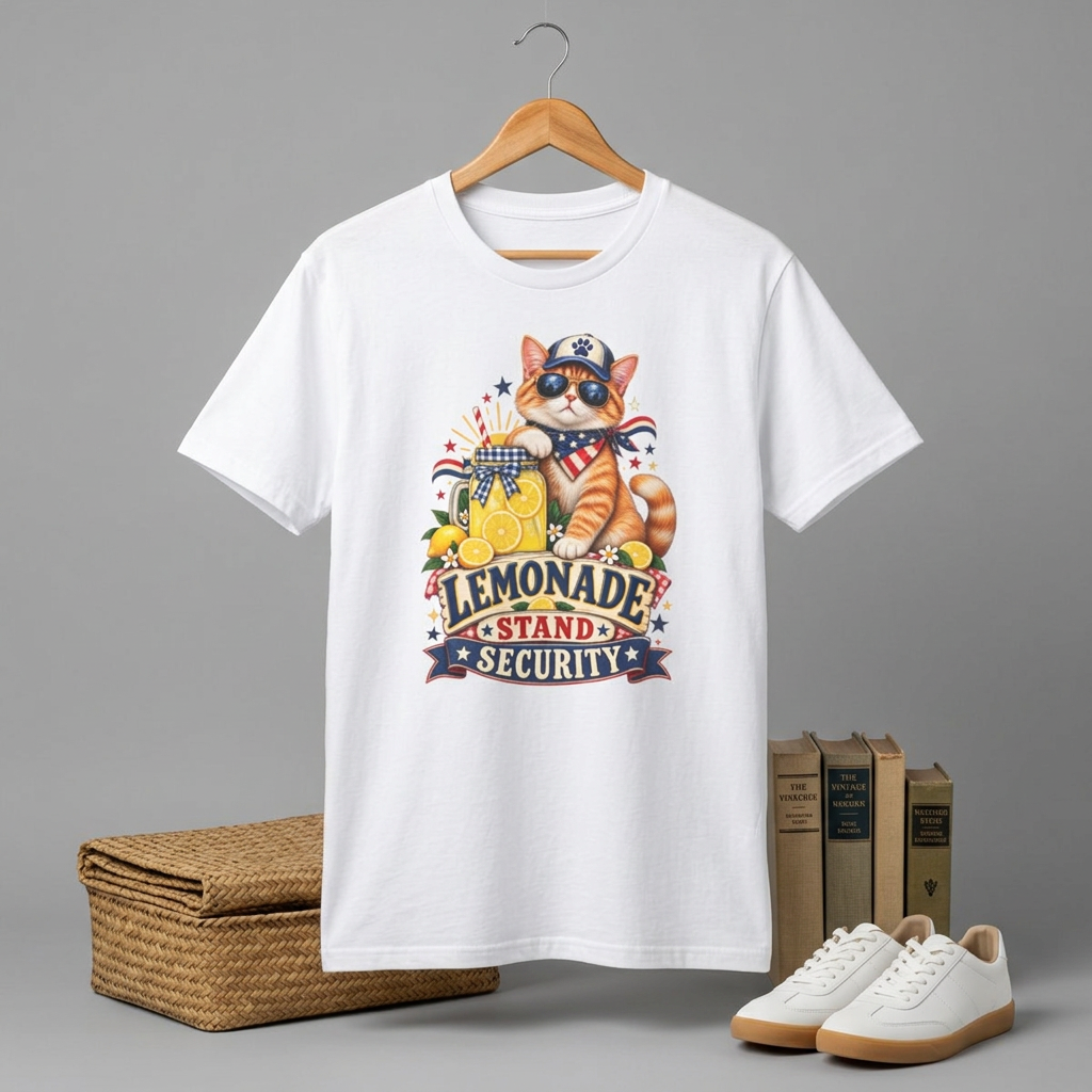 Patriotic Cat Lemonade Stand T-Shirt — "Lemonade Stand Security" Cute 4th of July Tee