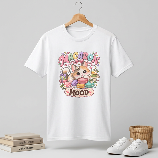 Macaron Mood T‑Shirt — Cute Kawaii Cat with Macarons Graphic