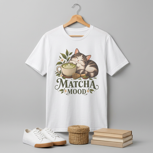 Matcha Mood Cat T-Shirt — Cute Sleeping Cat & Matcha Latte Tee for Tea Lovers