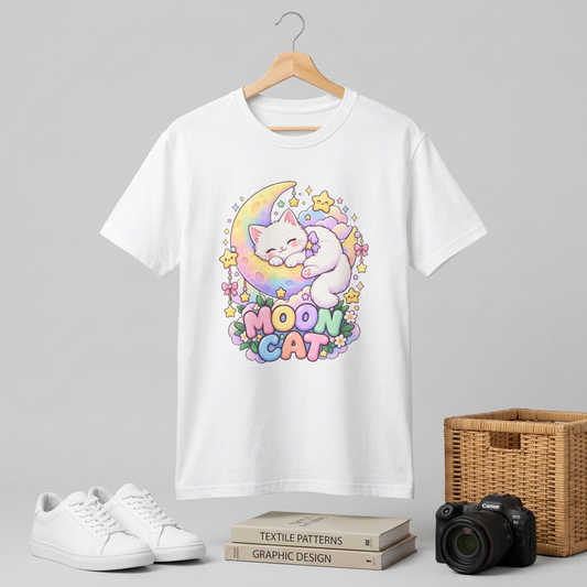 Moon Cat T-Shirt — Cute Sleeping Kitty on Crescent Moon