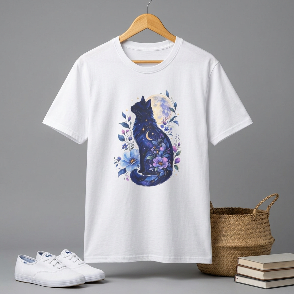 Moonlit Cat T-Shirt — Night Sky Floral Cat Silhouette Tee