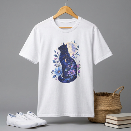 Moonlit Cat T-Shirt — Night Sky Floral Cat Silhouette Tee