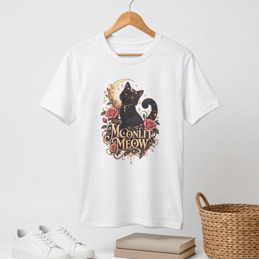 Moonlit Meow T-Shirt — Black Cat with Crescent Moon & Roses