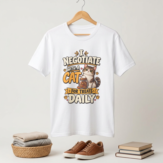 Cat Negotiator T-Shirt — "I Negotiate With A Cat For Treats Daily" Cute Cat Lover Tee