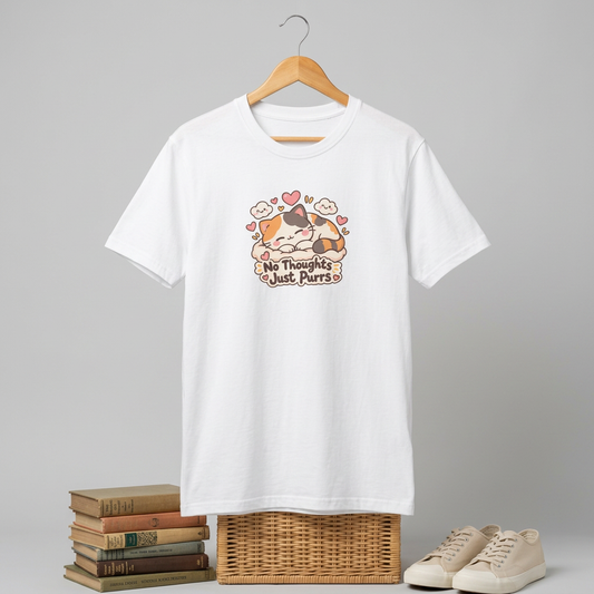 Cat T-Shirt — "No Thoughts Just Purrs" Cute Calico Sleeping Kitty Tee