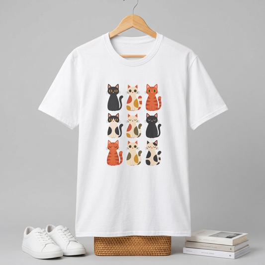 Cat Pattern T‑Shirt — Cute Row of Cartoon Cats Graphic Tee