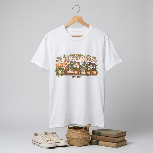 Plant Shelf Cats T-Shirt — Cute Houseplant & Cat Graphic Tee