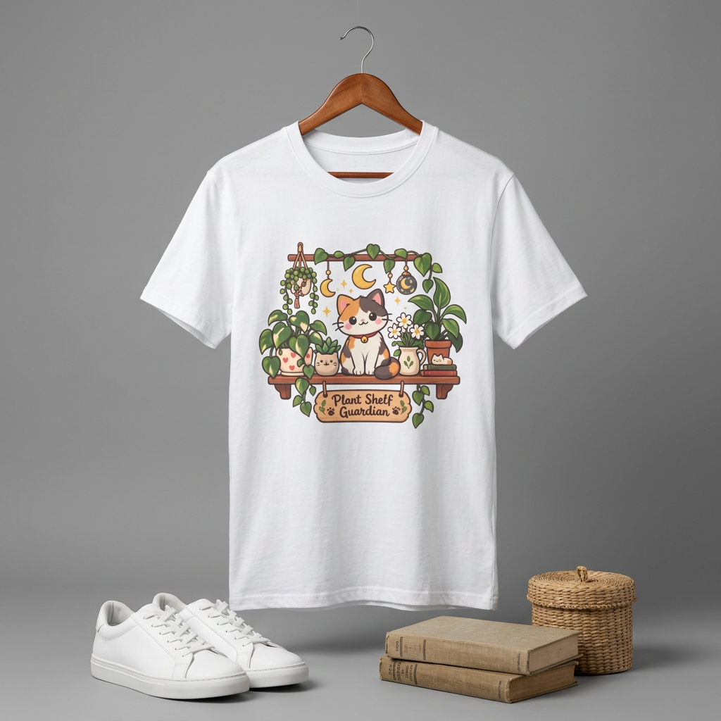 Plant Mom Cat T-Shirt — Calico Cat Among Houseplants with 'Plant Stuff + Gratitude' Design