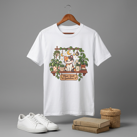 Plant Mom Cat T-Shirt — Calico Cat Among Houseplants with 'Plant Stuff + Gratitude' Design