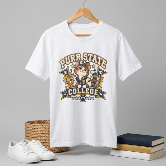 Purr State College T-Shirt — Cute Cat Mascot Graphic Tee