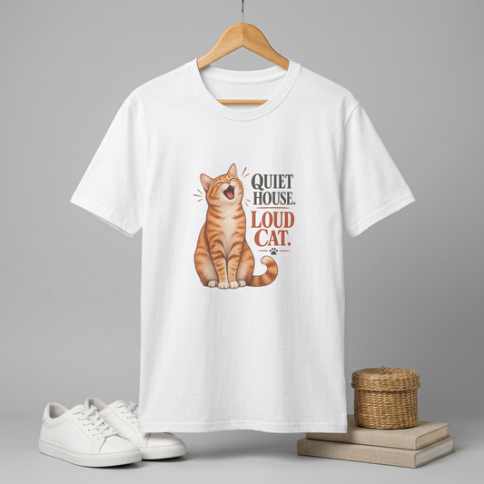 Cat T-Shirt — "Quiet House. Loud Cat." Cute Yawning Tabby Graphic Tee for Cat Lovers