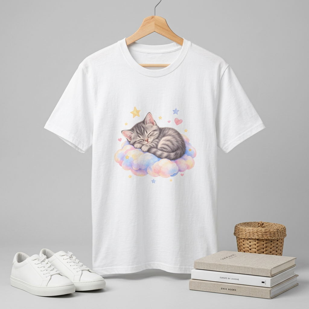 Sleeping Kitten T-Shirt — Cute Pastel Cat on Cloud Tee