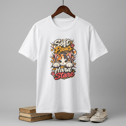 Soft Paws Cat T-Shirt — "Soft Paws, Hard Stare" Cute Cat Graphic Tee
