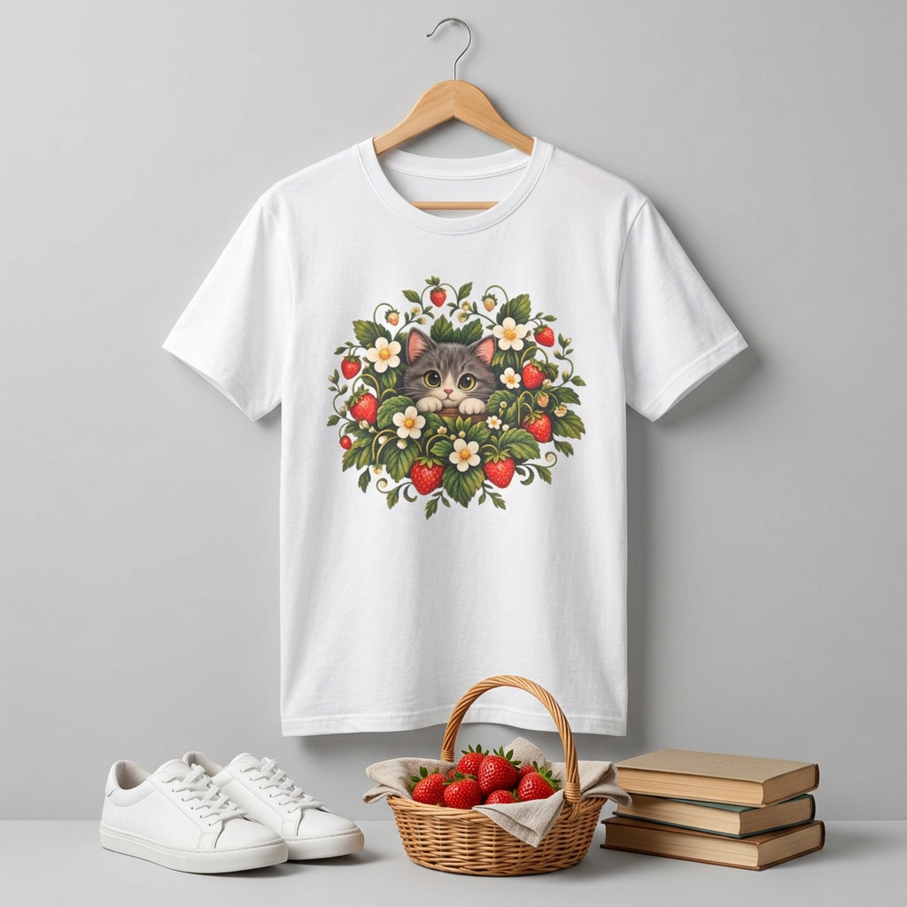 Cat in Strawberry Patch T-Shirt — Cute Floral Kitten Graphic Tee