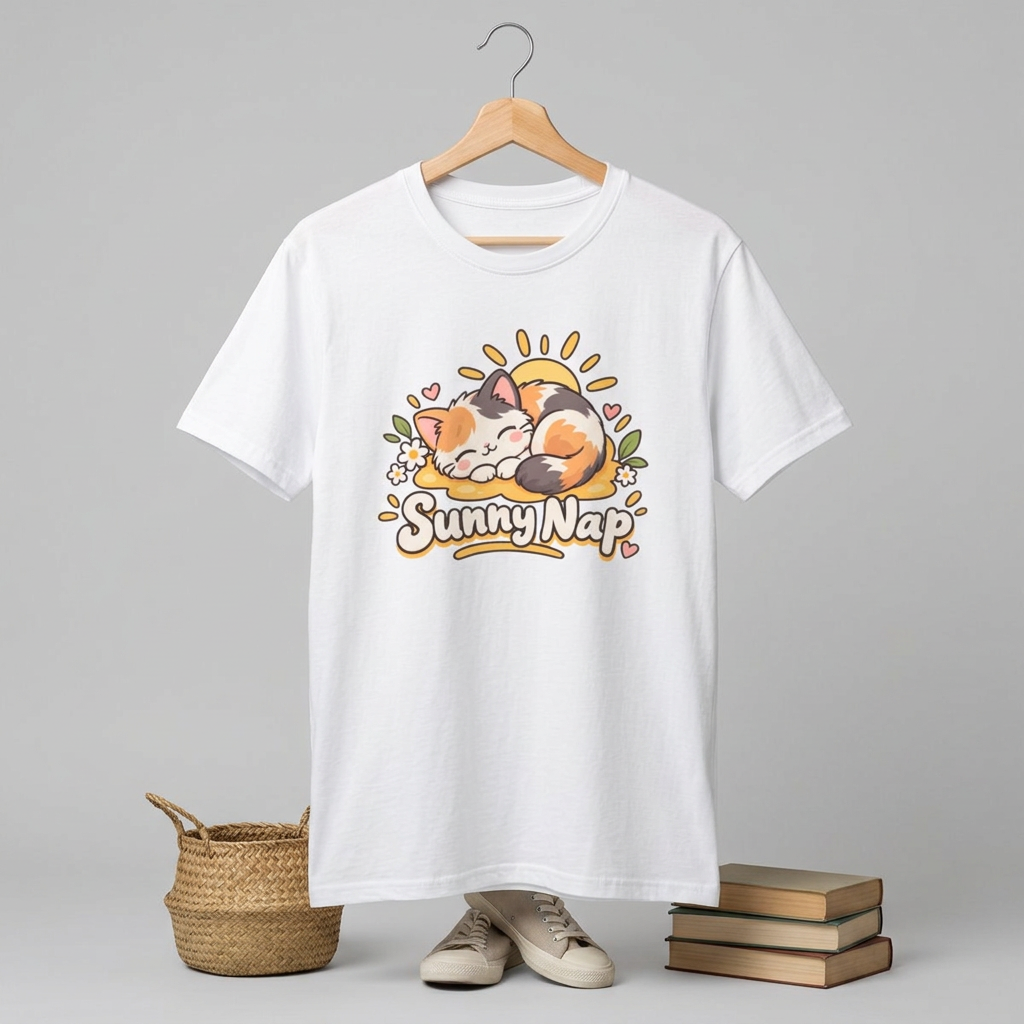 Cat T-Shirt — "Sunny Nap" Calico Cat Graphic Tee